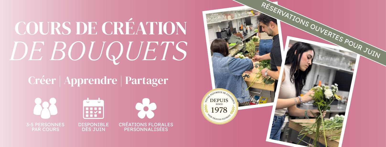 Cours de création de bouquets à Montréal avec atelier floral pratique chez Le Bouquet.