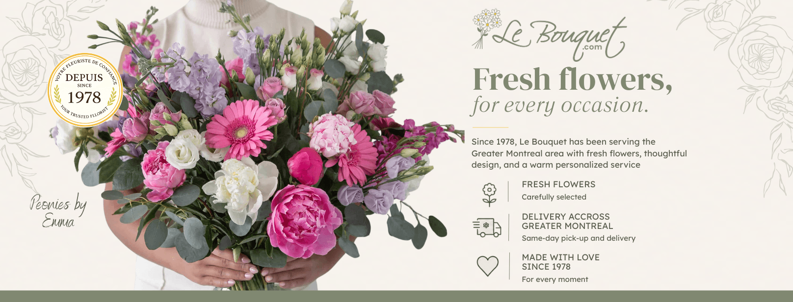 Le Bouquet website banner featuring a luxurious bouquet of pink peonies, roses and seasonal flowers with same-day flower delivery in Montreal.