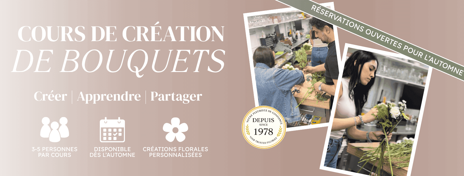 Cours de création de bouquets à Montréal avec apprentissage pratique de l’art floral chez Le Bouquet