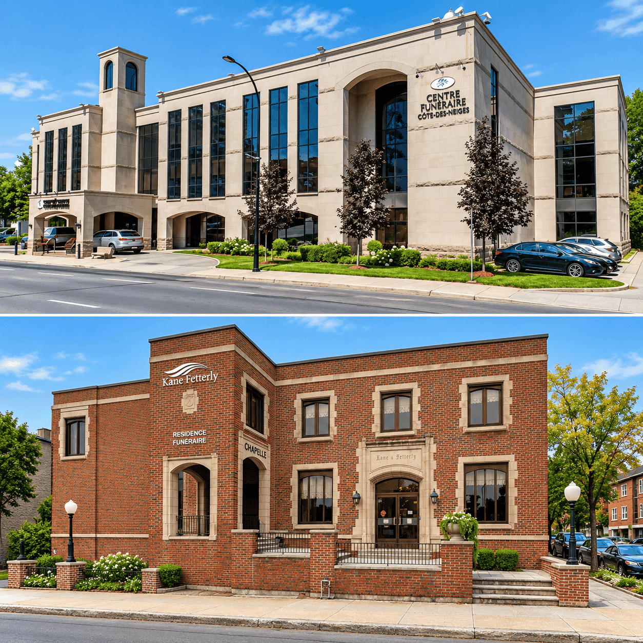 Collage of funeral homes in Côte-des-Neiges, featuring Centre funéraire Côte-des-Neiges above and Kane & Fetterly Funeral Home below in Montreal.
