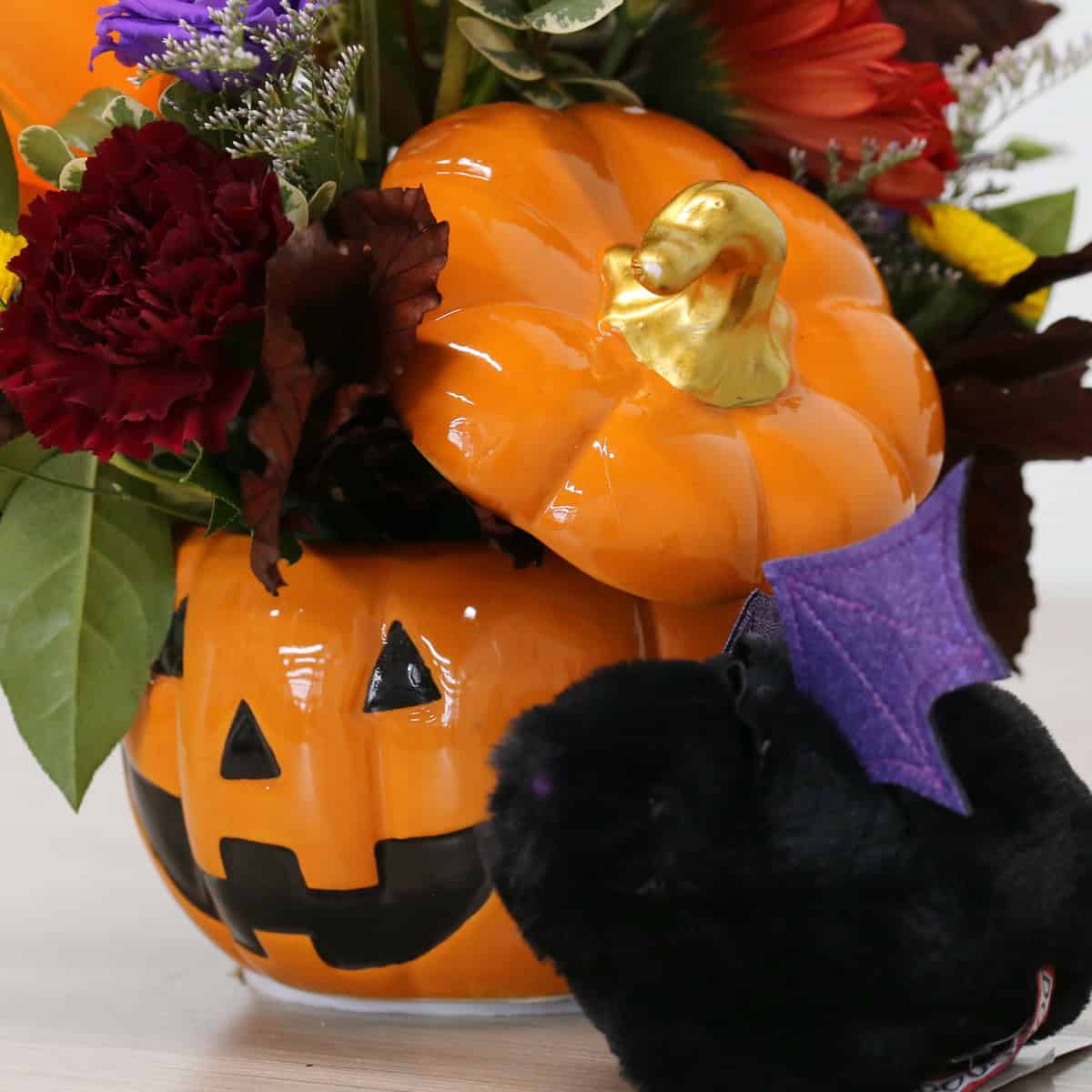 Jack and Friends Halloween Flower Arrangement | Pumpkin Vase with Cat or Bat Plush