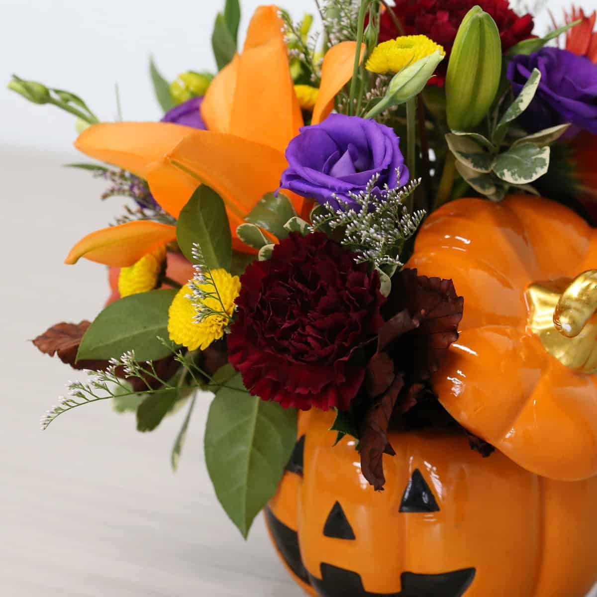 Jack and Friends Halloween Flower Arrangement | Pumpkin Vase with Cat or Bat Plush
