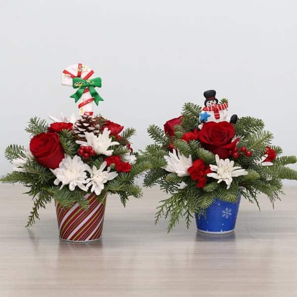 Ensemble de deux arrangements Mini Sweets avec roses rouges, chrysanthèmes blancs, verdures et décorations festives dans des pots rayé et bleu.