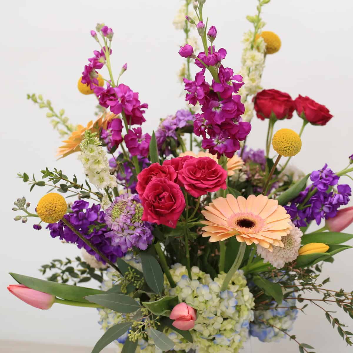 Field of Harmony tall contemporary flower arrangement in clear vase with layered hydrangea and tulips.