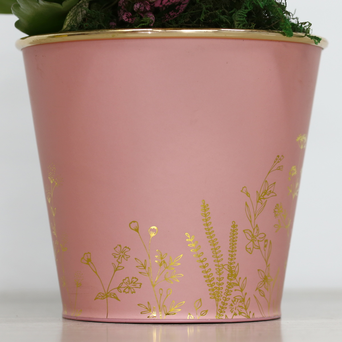 Pink honeysuckle metal planter pot with gold floral design