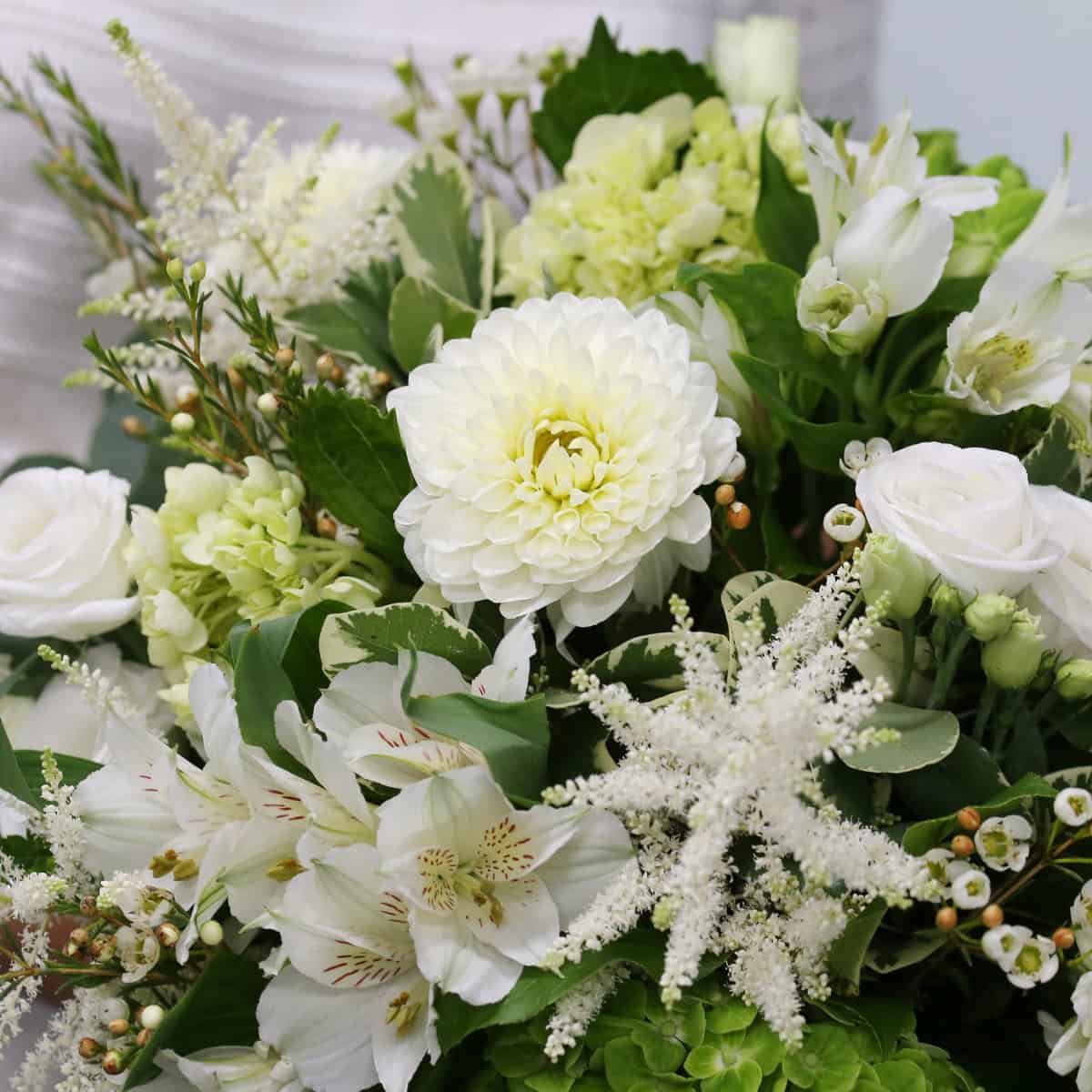 Summer Serenity bouquet featuring white dahlias, green hydrangea, astilbe and lisianthus