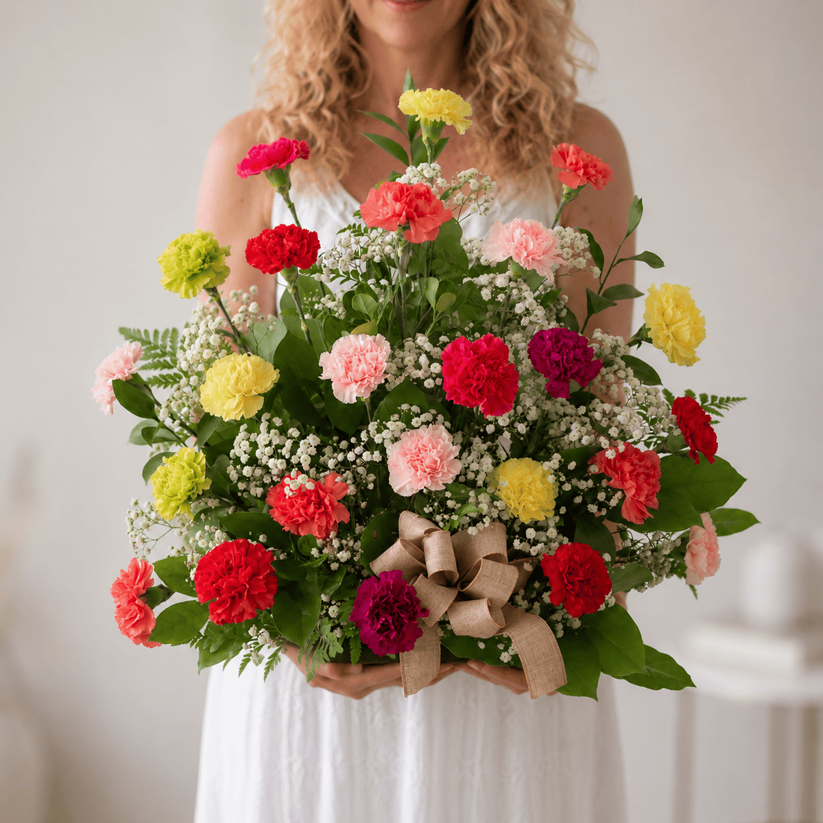 Woman holding the Abundant Carnations arrangement with colourful carnations, baby's breath and greenery.