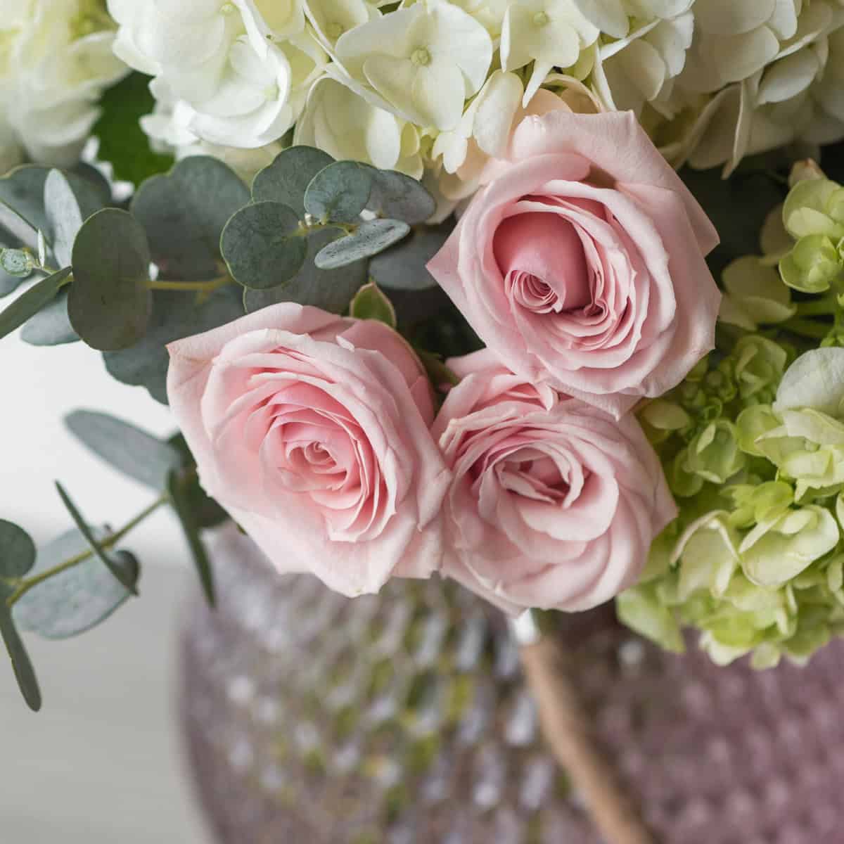 Close-up of blush pink roses in the Alexis floral arrangement