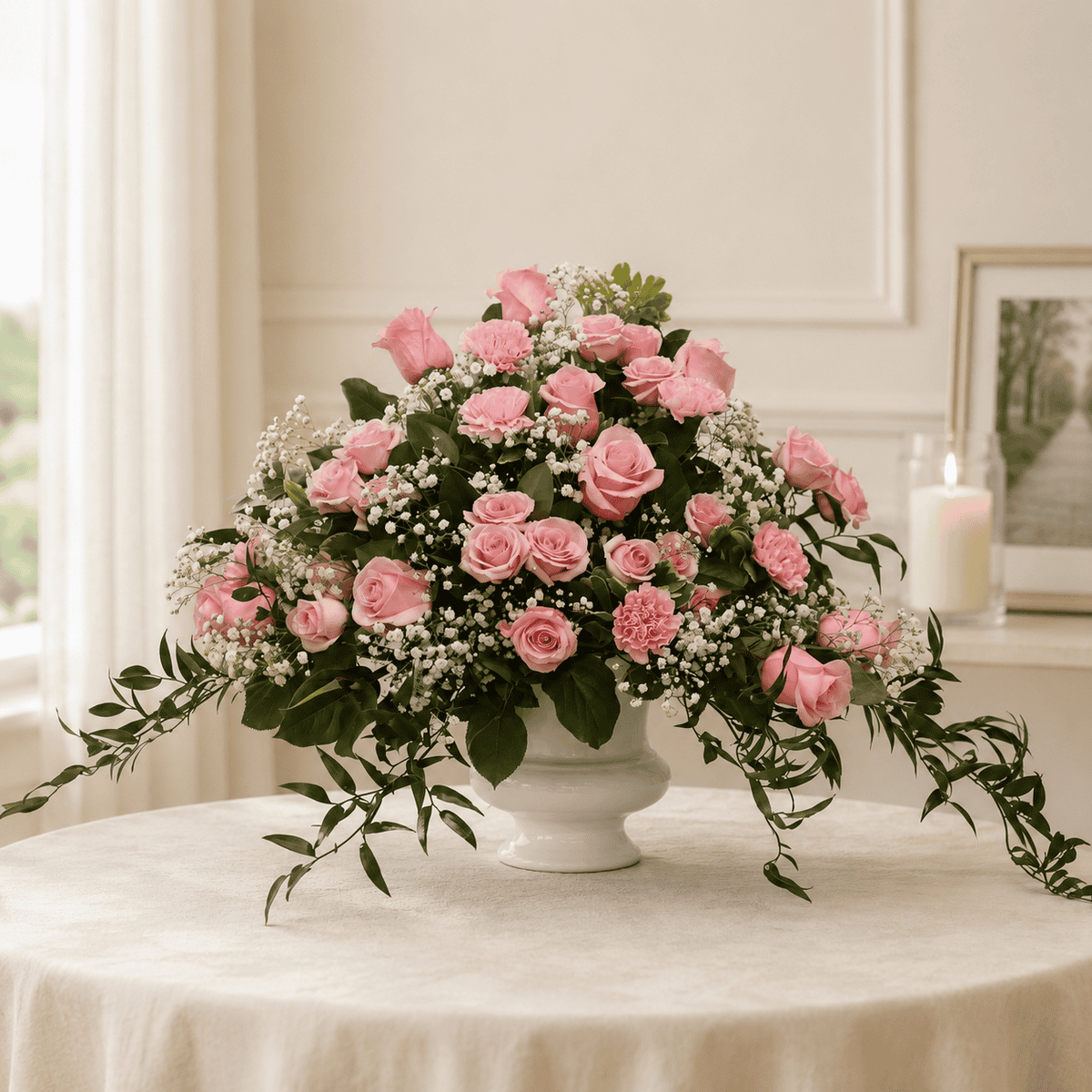 Pink Deepest Sympathy Arrangement displayed in a peaceful memorial setting.