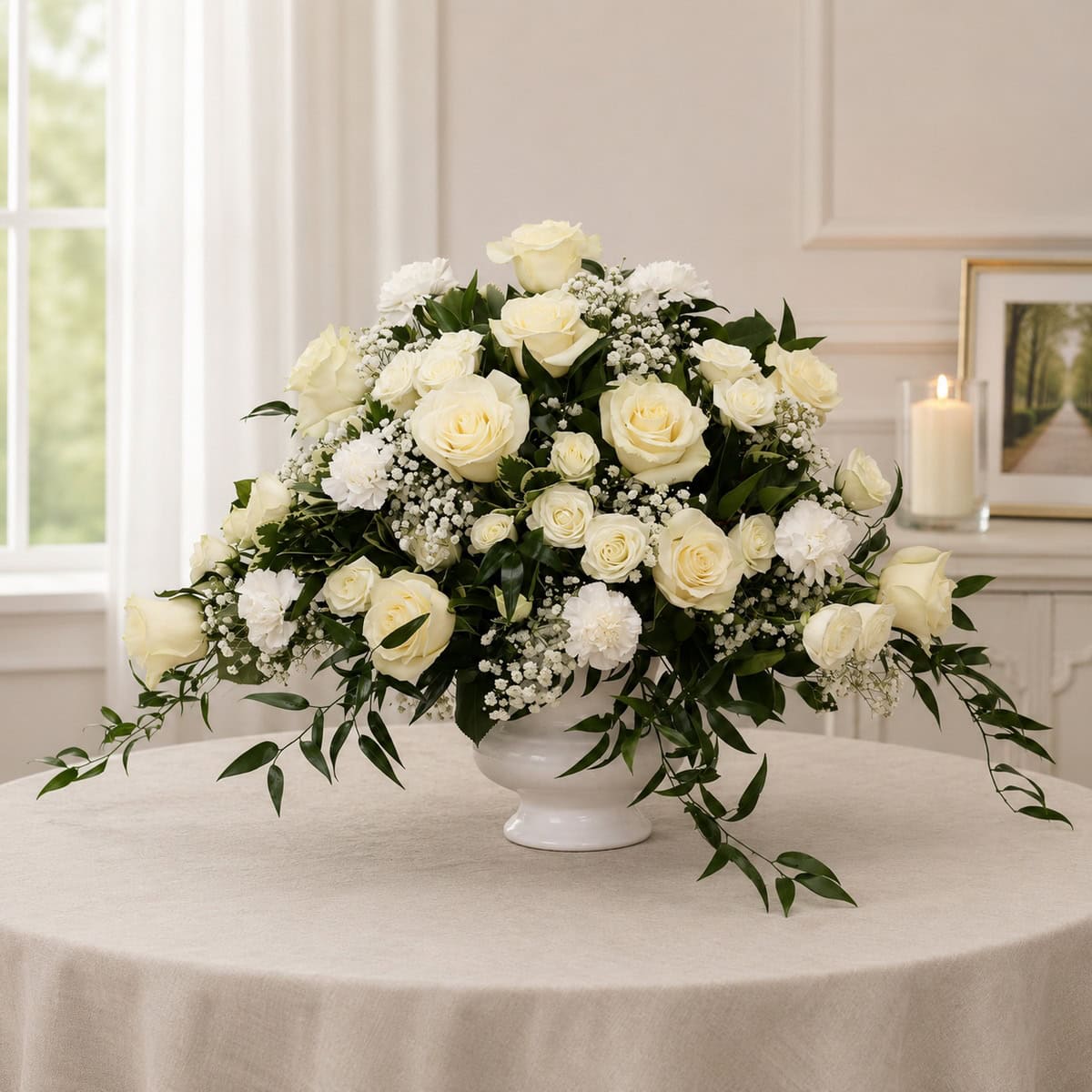 White Deepest Sympathy Arrangement displayed in a peaceful memorial setting.