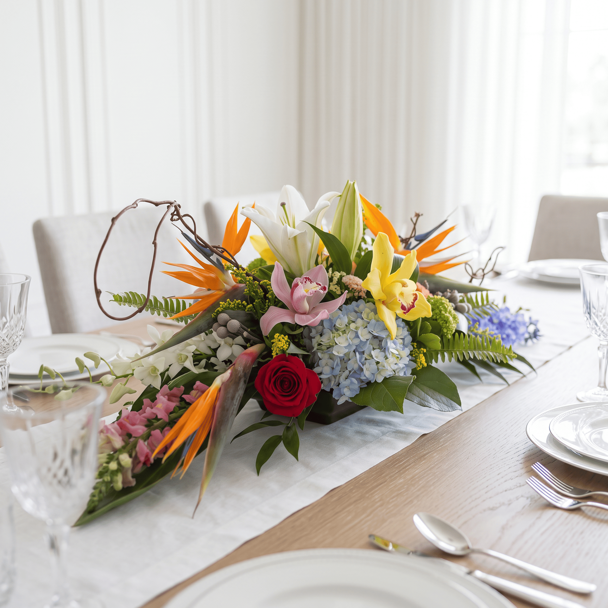 Exotic Oval Centerpiece displayed on an elegant dining table set for entertaining.