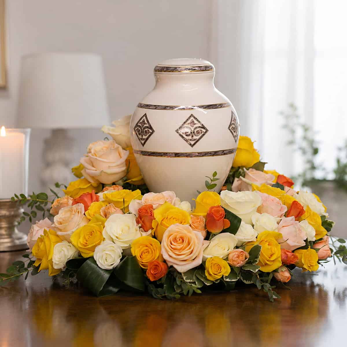 Garden of Roses urn arrangement featuring white, peach, and yellow roses surrounding a cremation urn in a peaceful home setting.