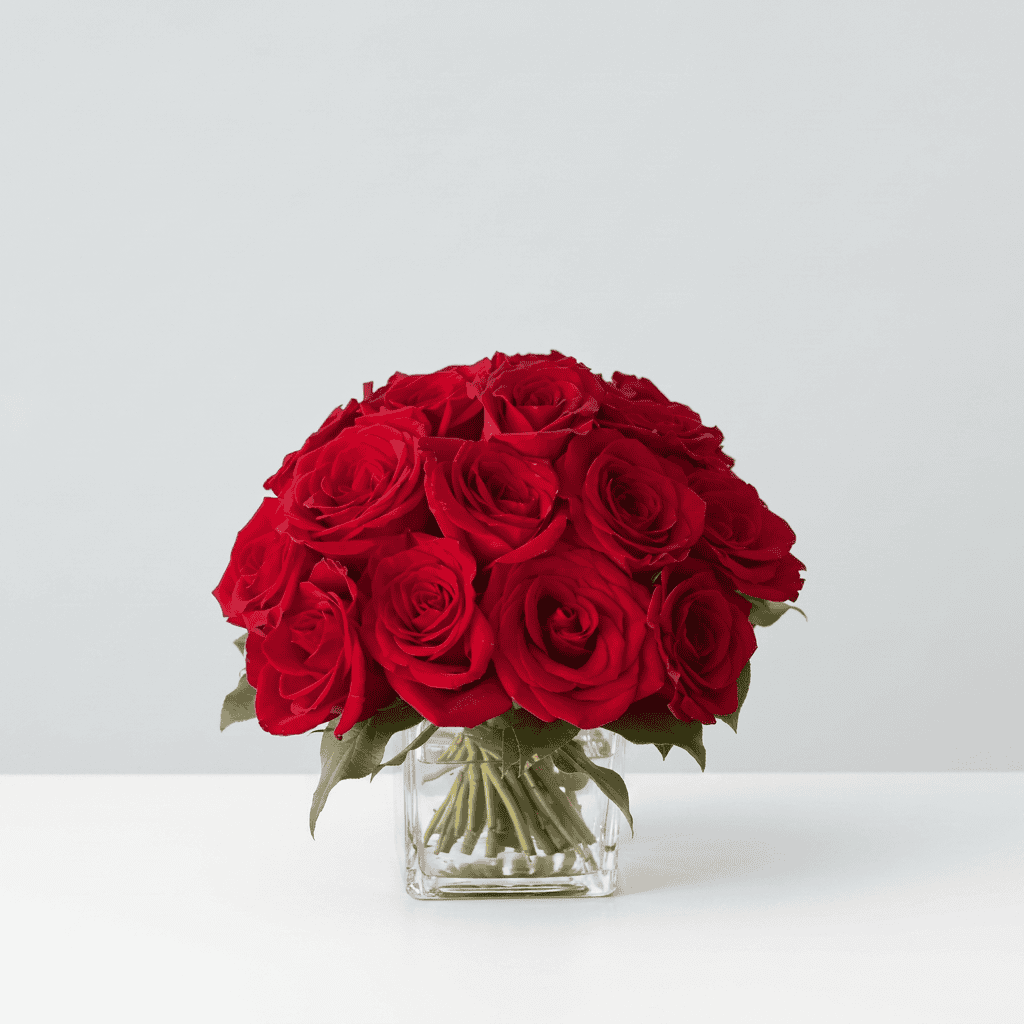 Premium Lush Life Roses with 24 long stem red roses arranged in a clear glass cube vase.
