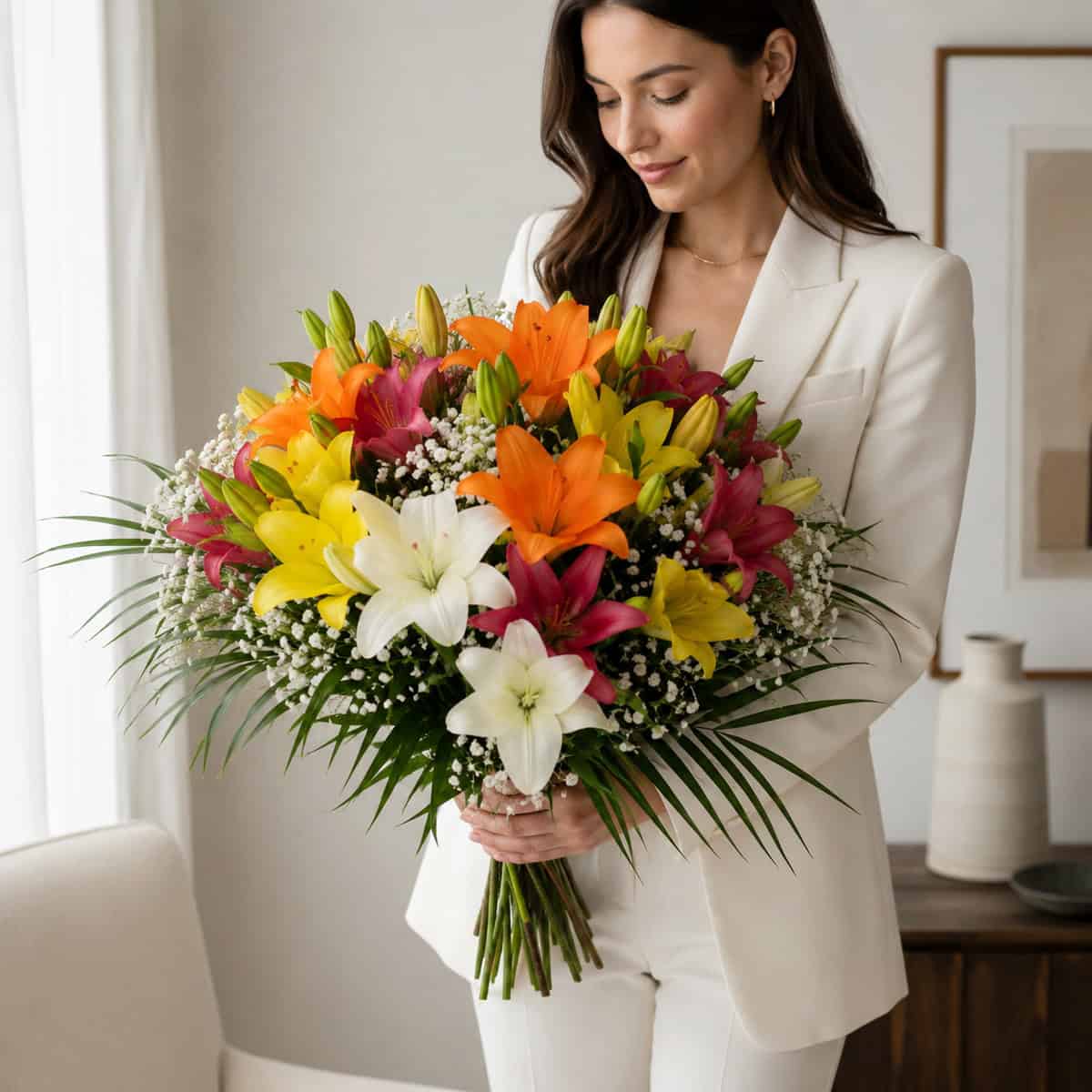 Elegant woman holding a premium colourful Asiatic lily bouquet