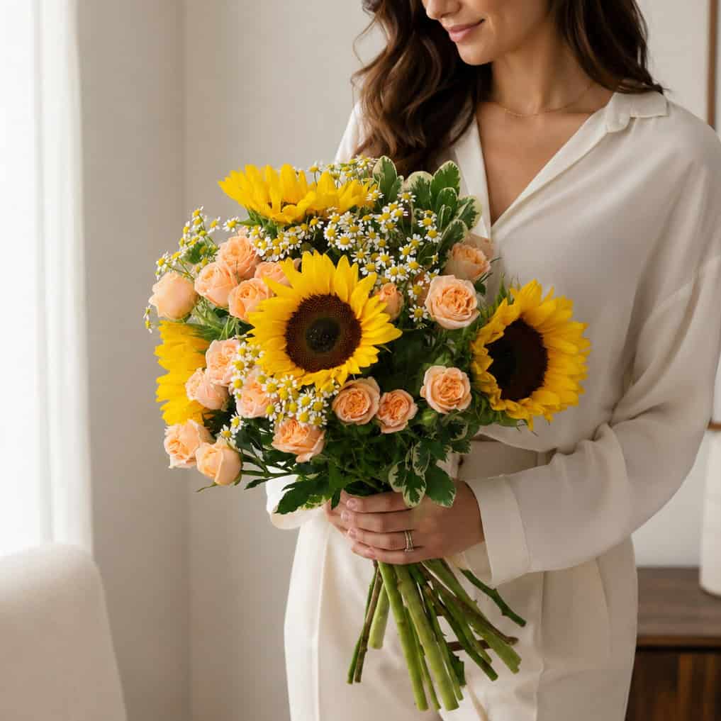Sunrise Bouquet with vibrant sunflowers, peach spray roses, chamomile and variegated pittosporum by Le Bouquet Florist Montreal.