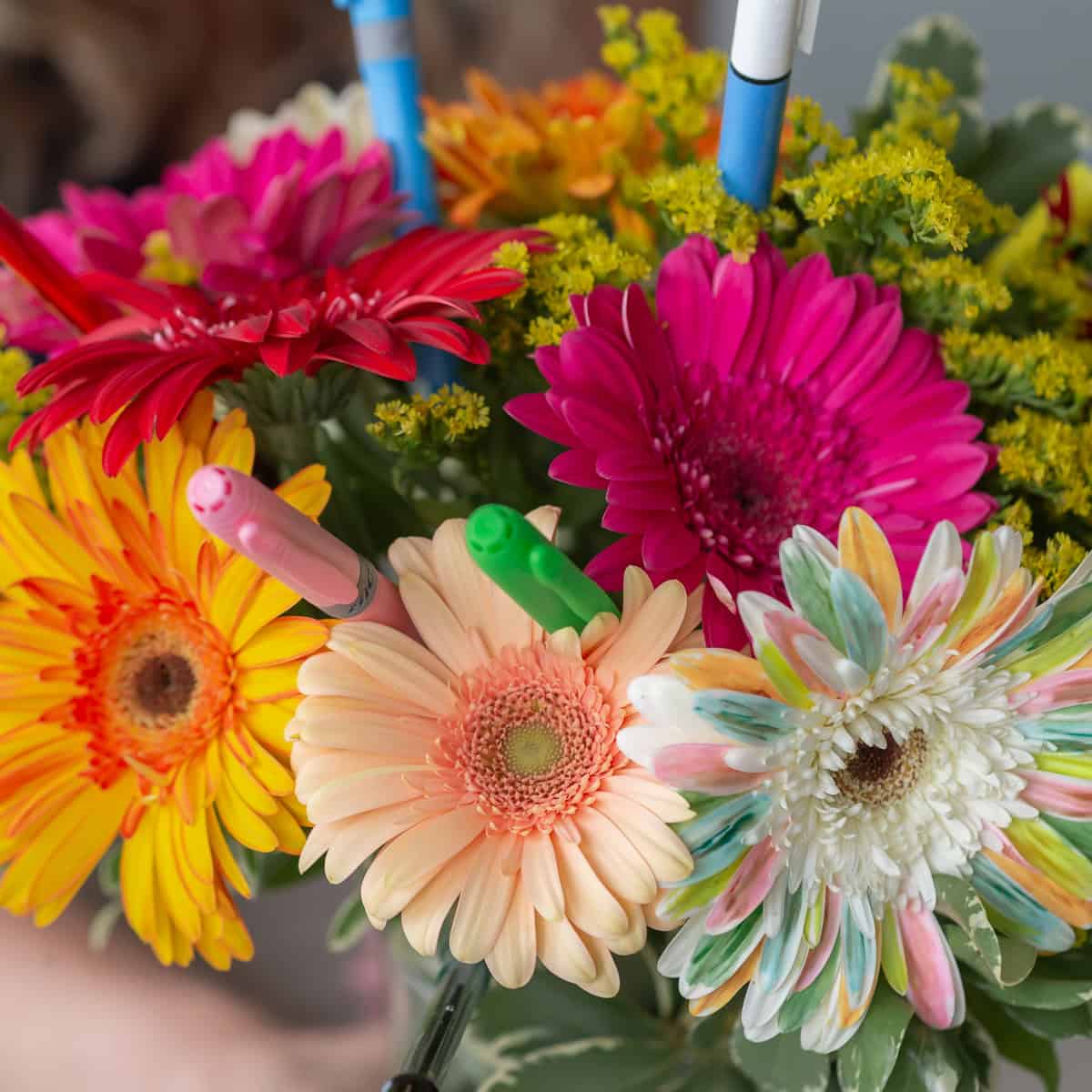 Colourful gerbera daisies with pens and highlighters in the Bright Future teacher gift arrangement