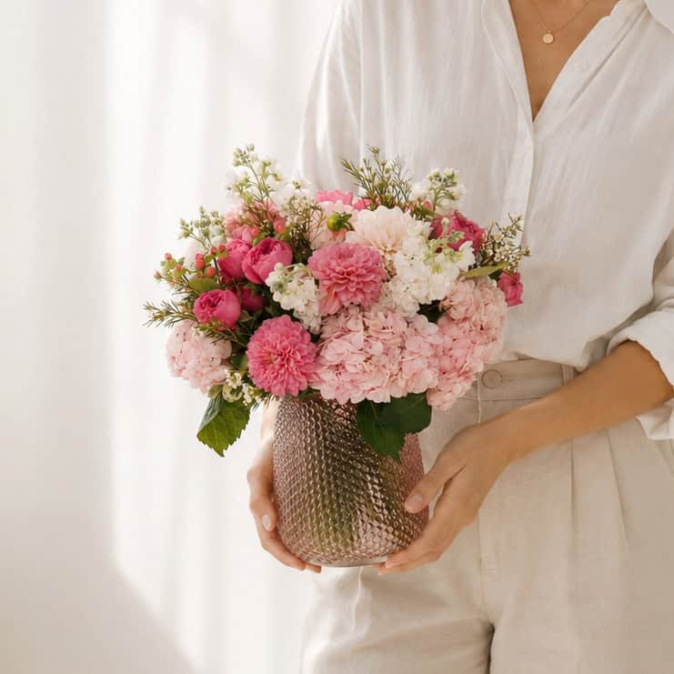Woman holding Floral Rhapsody rose and blush flower arrangement in a textured pink glass vase
