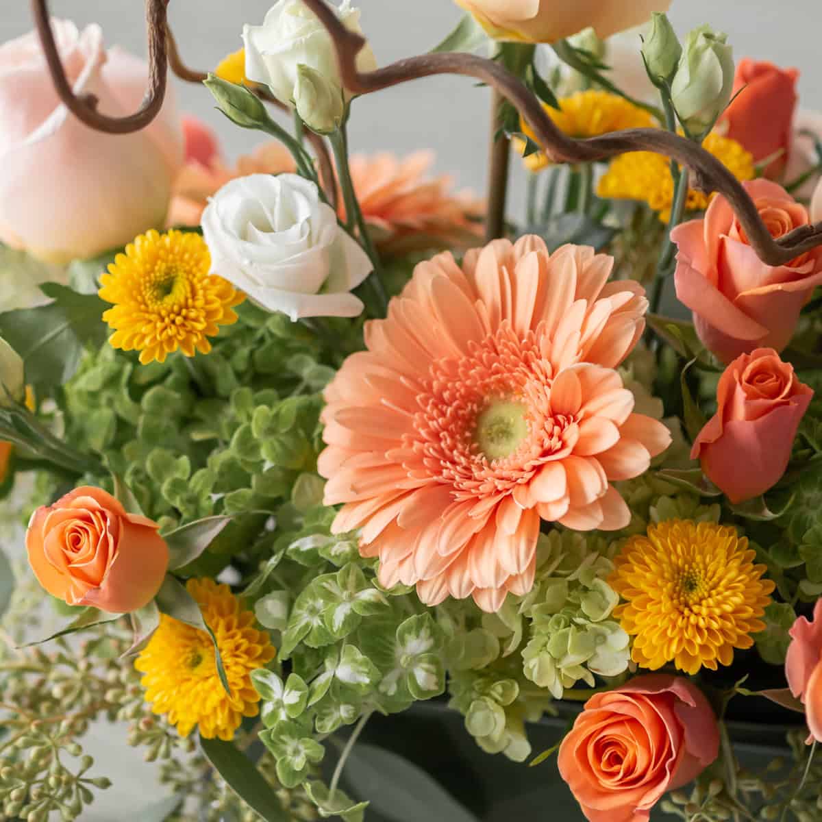 Close-up of Graceful Elegance featuring peach gerbera, peach roses and green hydrangea.