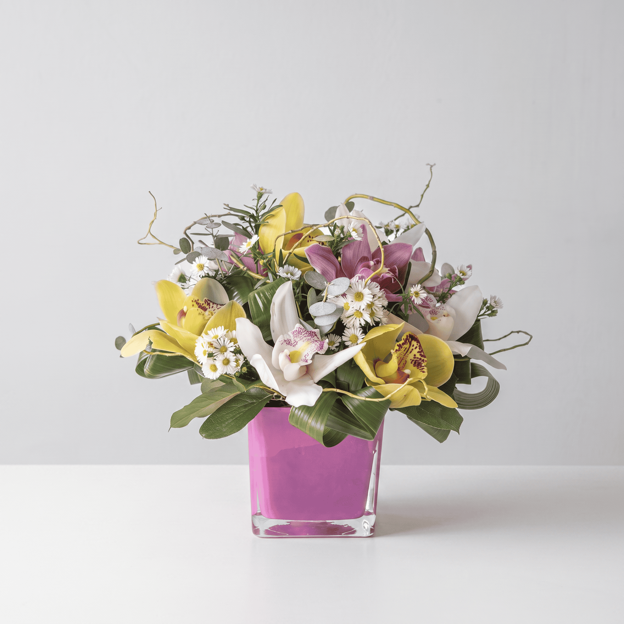 Deluxe Orchid Symphony with twelve premium pink and yellow Cymbidium orchids.