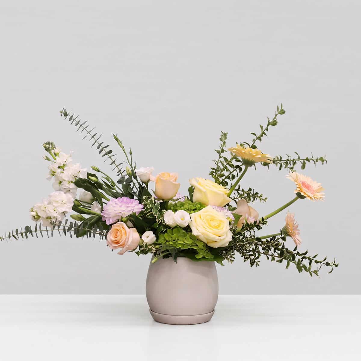 Posy Peach flower arrangement with peach and cream roses, gerbera daisies, green hydrangea and seasonal greenery
