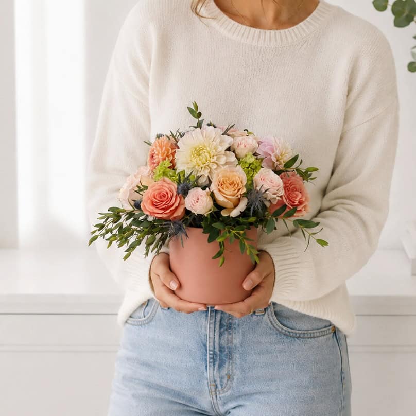 Woman holding the Summer Glow pink floral arrangement with roses, dahlias, green hydrangea and blue eryngium