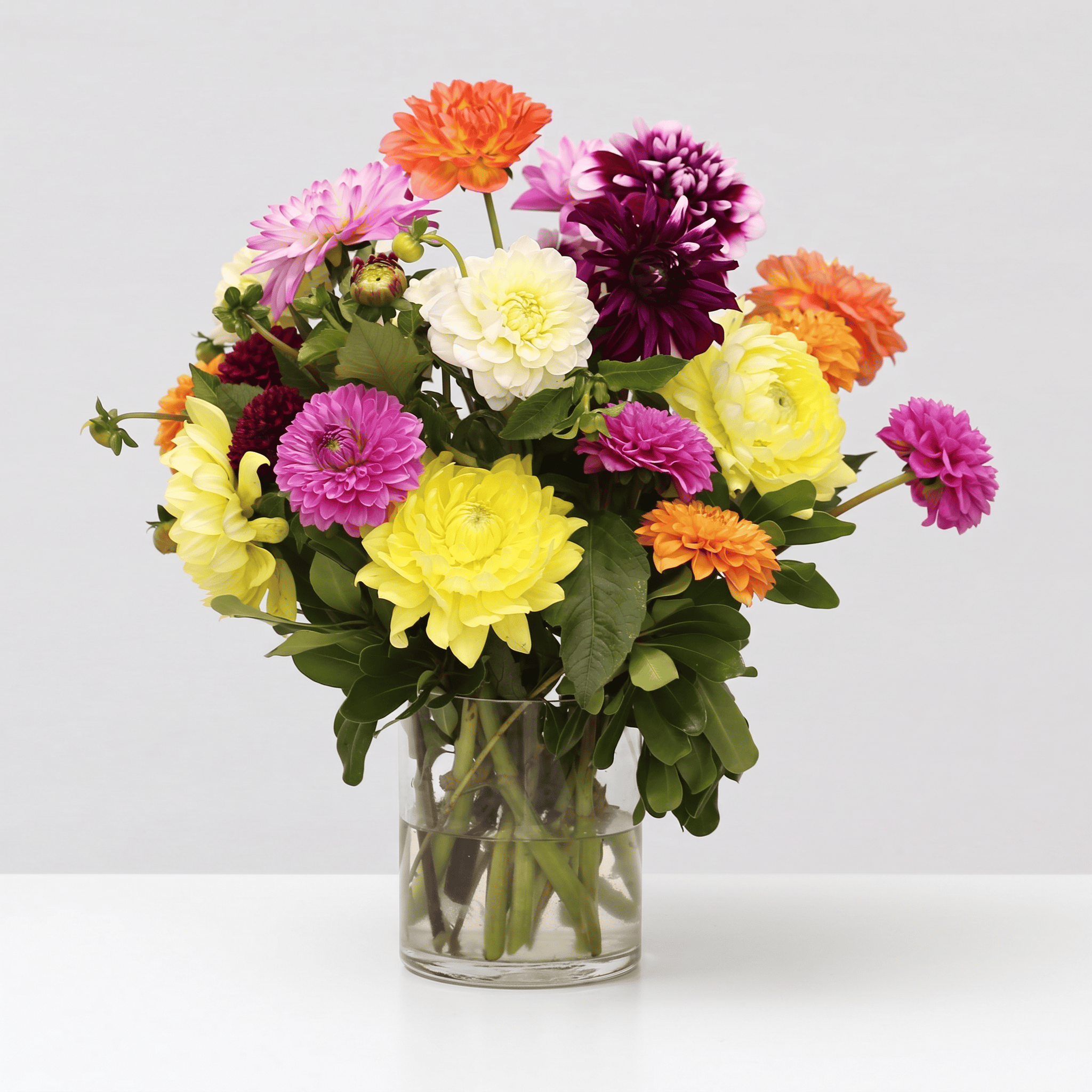 Premium Dahlia Delight arrangement with 16 assorted colourful dahlias in a clear glass vase