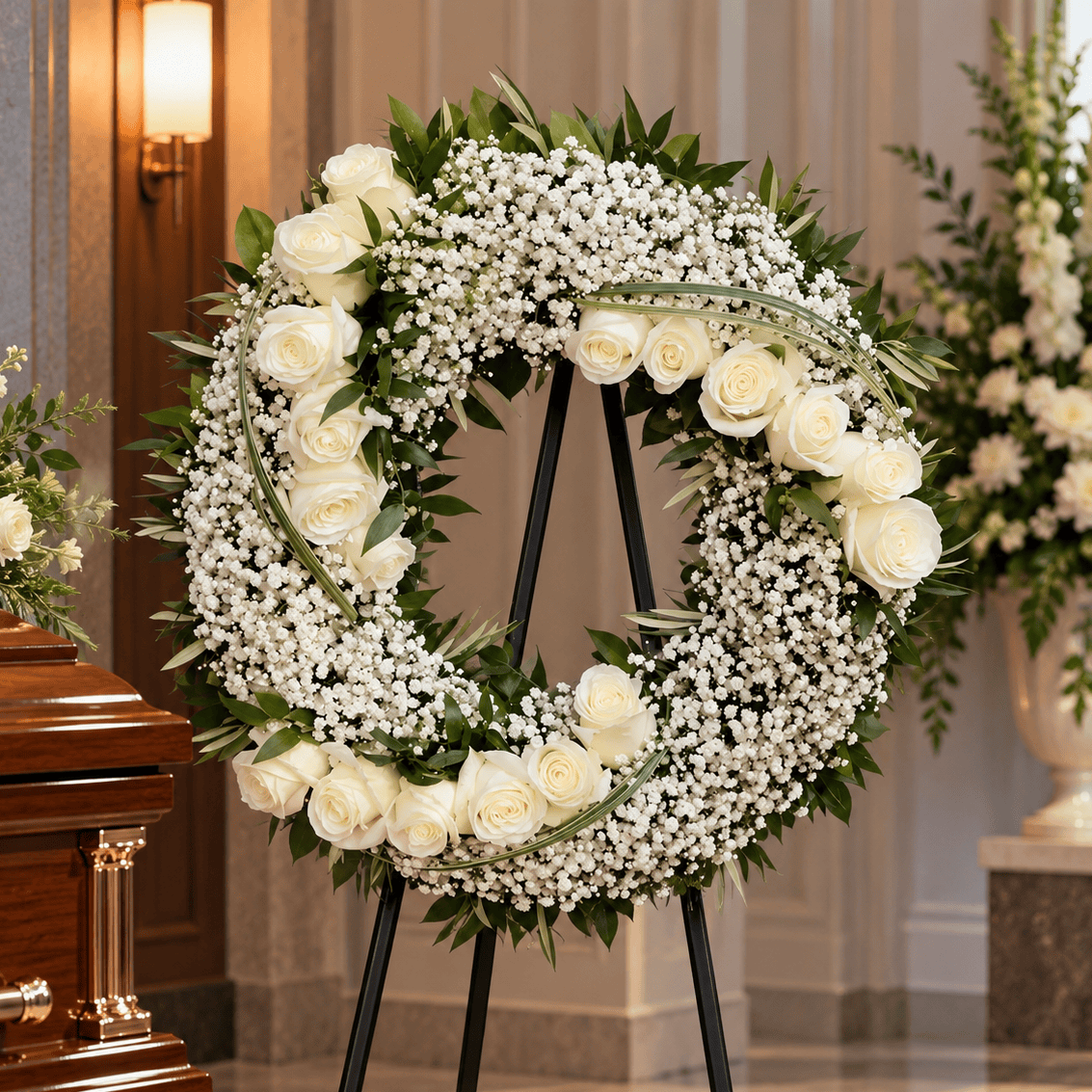 Angel Wreath with white Playa Blanca roses arranged in a spiral among baby's breath and green foliage, displayed on a funeral easel beside a casket.