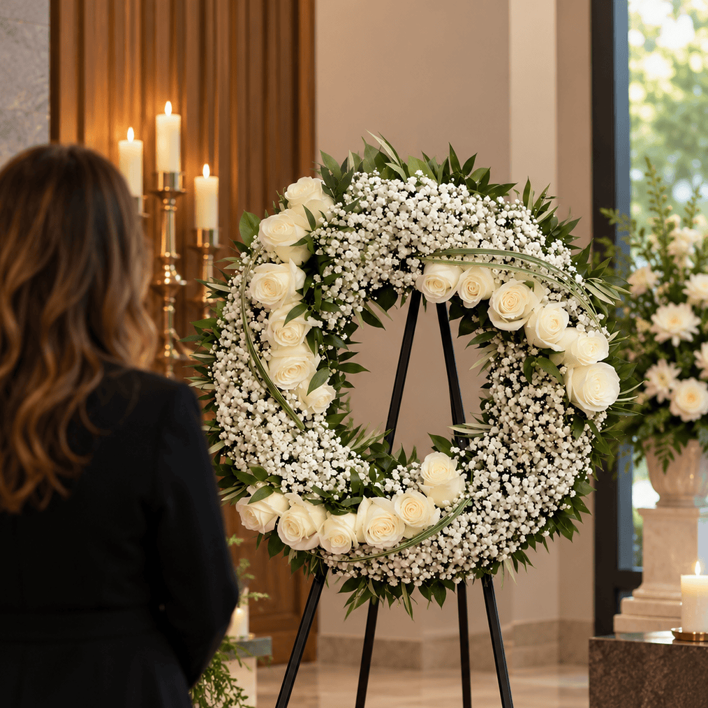 Angel Wreath featuring white roses, baby's breath and greenery on a standing easel during a memorial service, with a woman paying her respects.