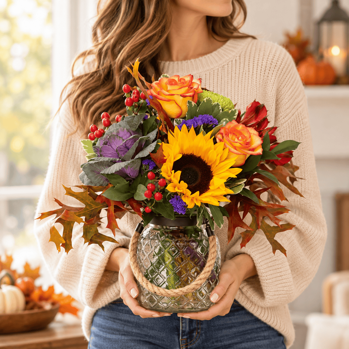 Woman in a cream knit sweater holding the Autumn fall flower arrangement with sunflowers and roses in a rustic glass jar