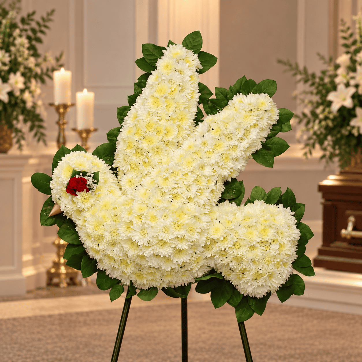 White chrysanthemum floral dove with a red rose displayed on an easel in a funeral home, with candles and a casket in the background.