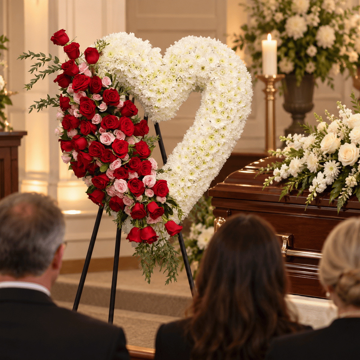 Forever in My Heart funeral heart with red roses, light pink spray roses and white chrysanthemums displayed beside a casket during a memorial service.