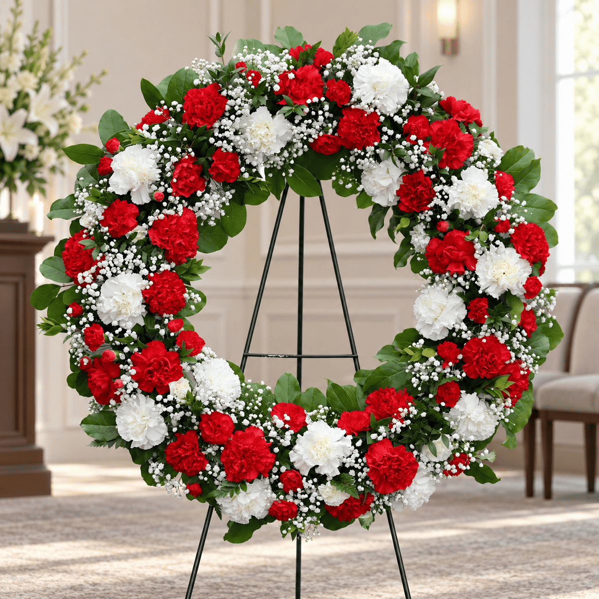 Deluxe 26-inch Hope and Honor funeral wreath featuring red and white carnations, baby's breath and greenery, displayed on an easel at a funeral home.