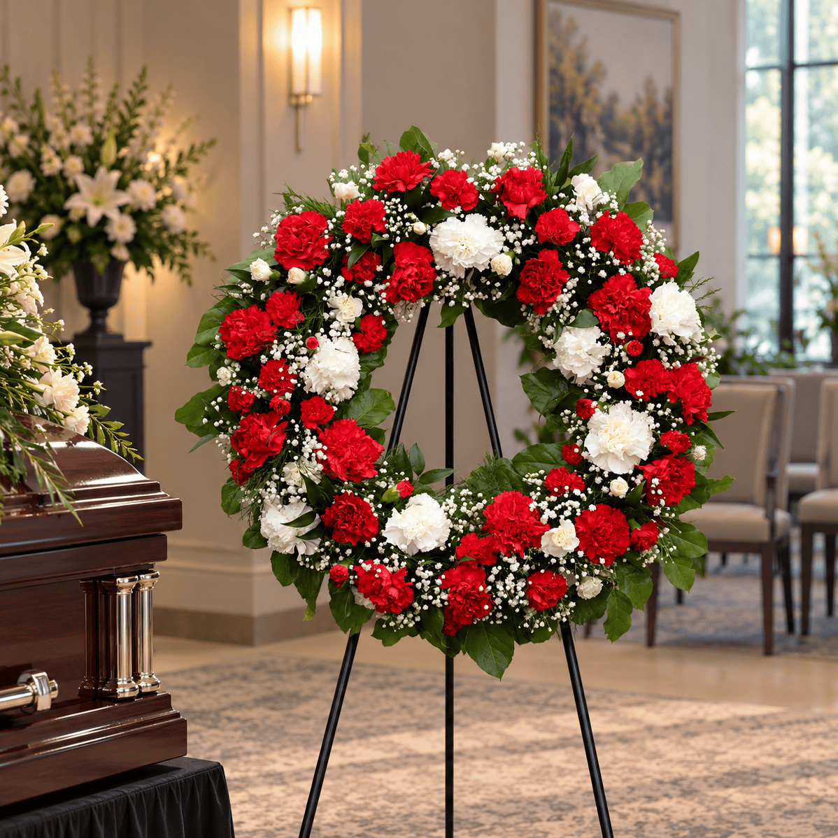 Standard 22-inch Hope and Honor funeral wreath with red and white carnations, baby's breath and greenery, displayed beside a casket at a funeral home.