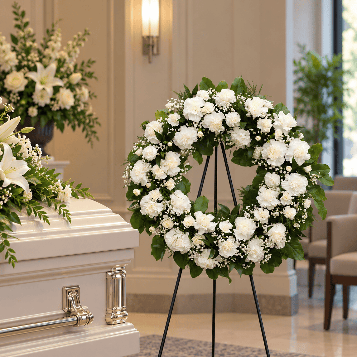 Standard 22-inch Hope and Honor white funeral wreath with white carnations, baby's breath and fresh greenery, displayed beside a white casket at a funeral home.