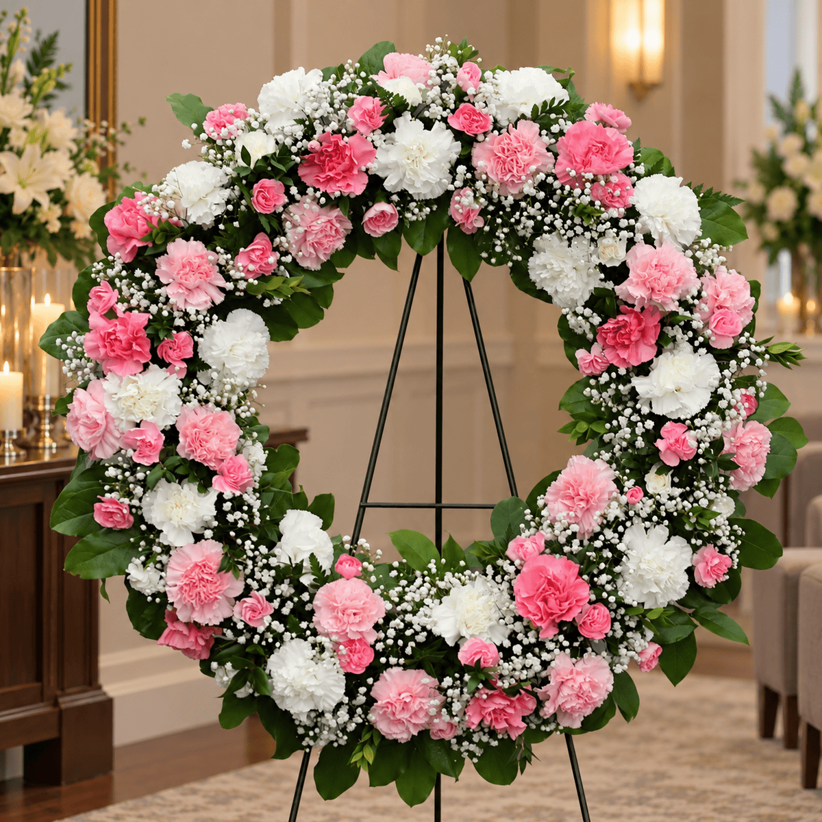 Deluxe 26-inch Hope and Honor funeral wreath featuring pink and white carnations, baby's breath and fresh greenery, displayed on an easel at a funeral home.