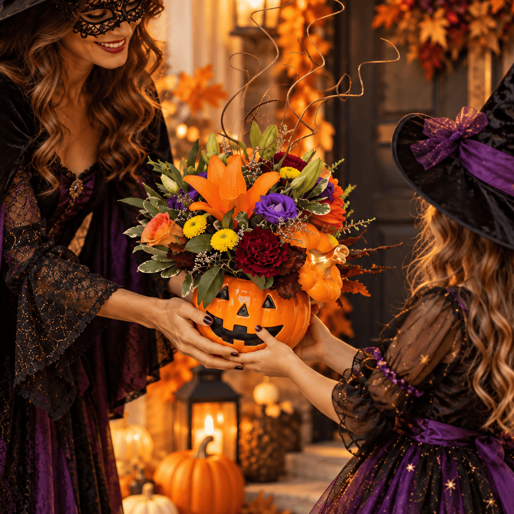 Woman dressed as a witch giving Jack and Friends Halloween flower arrangement to a child in a witch costume