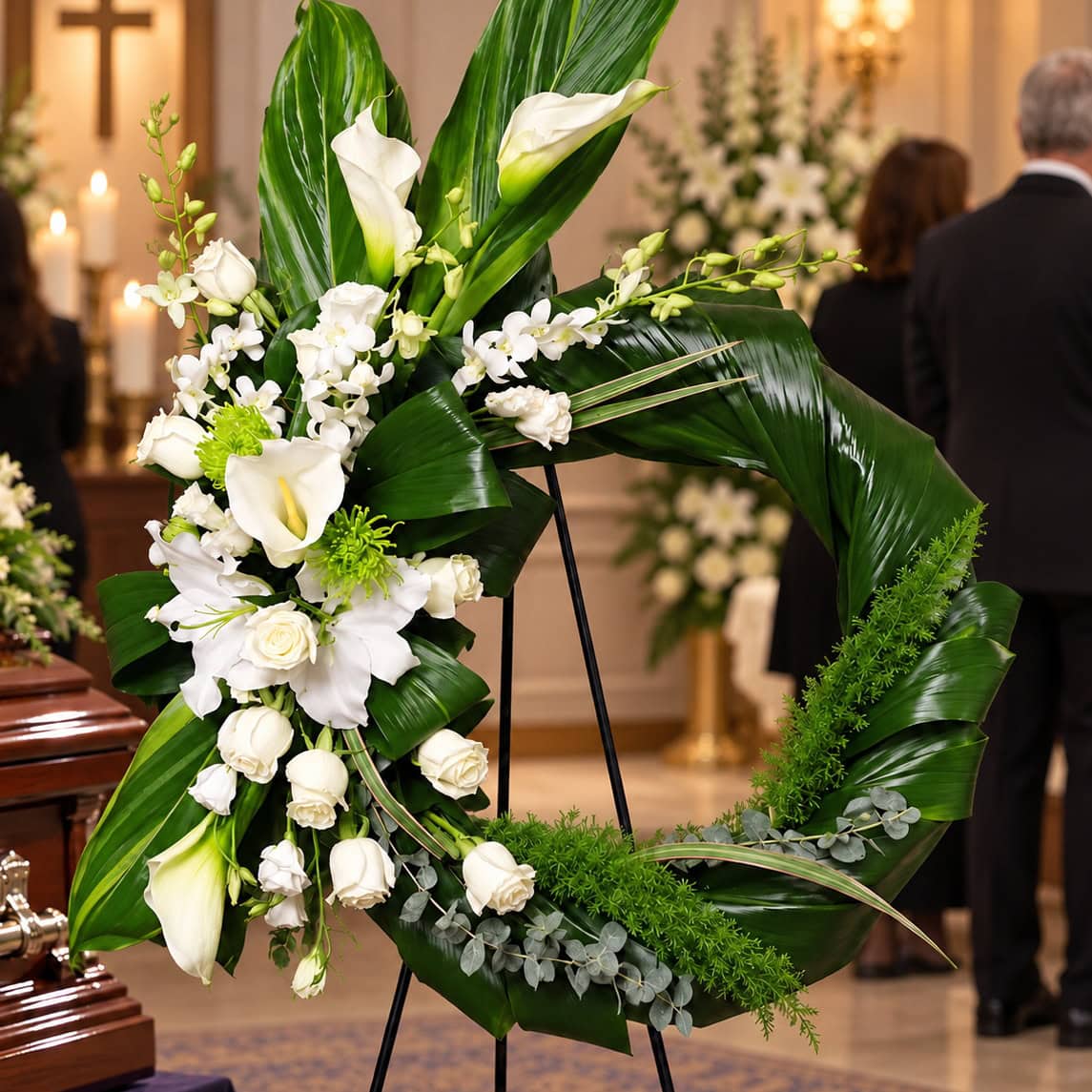 Never Forgotten funeral wreath with white roses, calla lilies, orchids and lilies, displayed beside a casket during a memorial service.