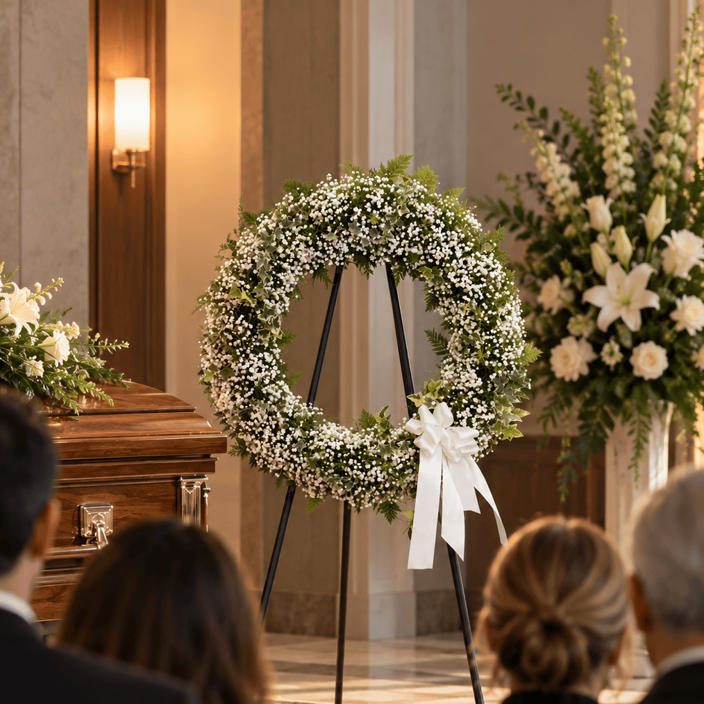 White baby's breath funeral wreath with ivy and a satin bow displayed on a standing easel during a memorial service with seated mourners.
