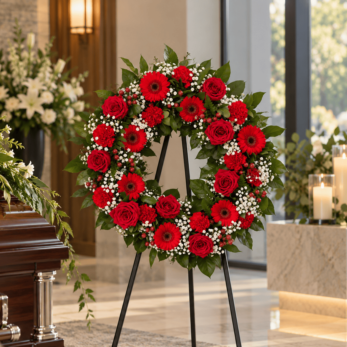 Ruby Red funeral wreath featuring red roses, carnations, mini gerbera daisies and white baby's breath displayed beside a casket at a funeral home.