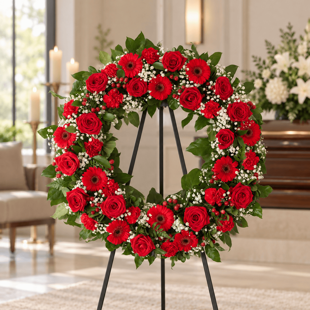 Front view of Ruby Red Wreath with red roses, carnations, mini gerbera daisies, white baby's breath and greenery on a funeral easel.