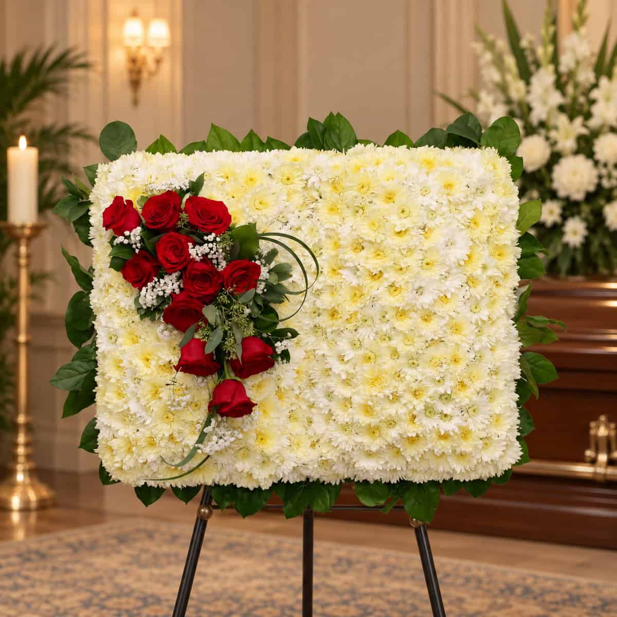 Open Bible-shaped funeral tribute made of white chrysanthemums with cascading red roses, baby's breath and green foliage, displayed without a scripture ribbon.