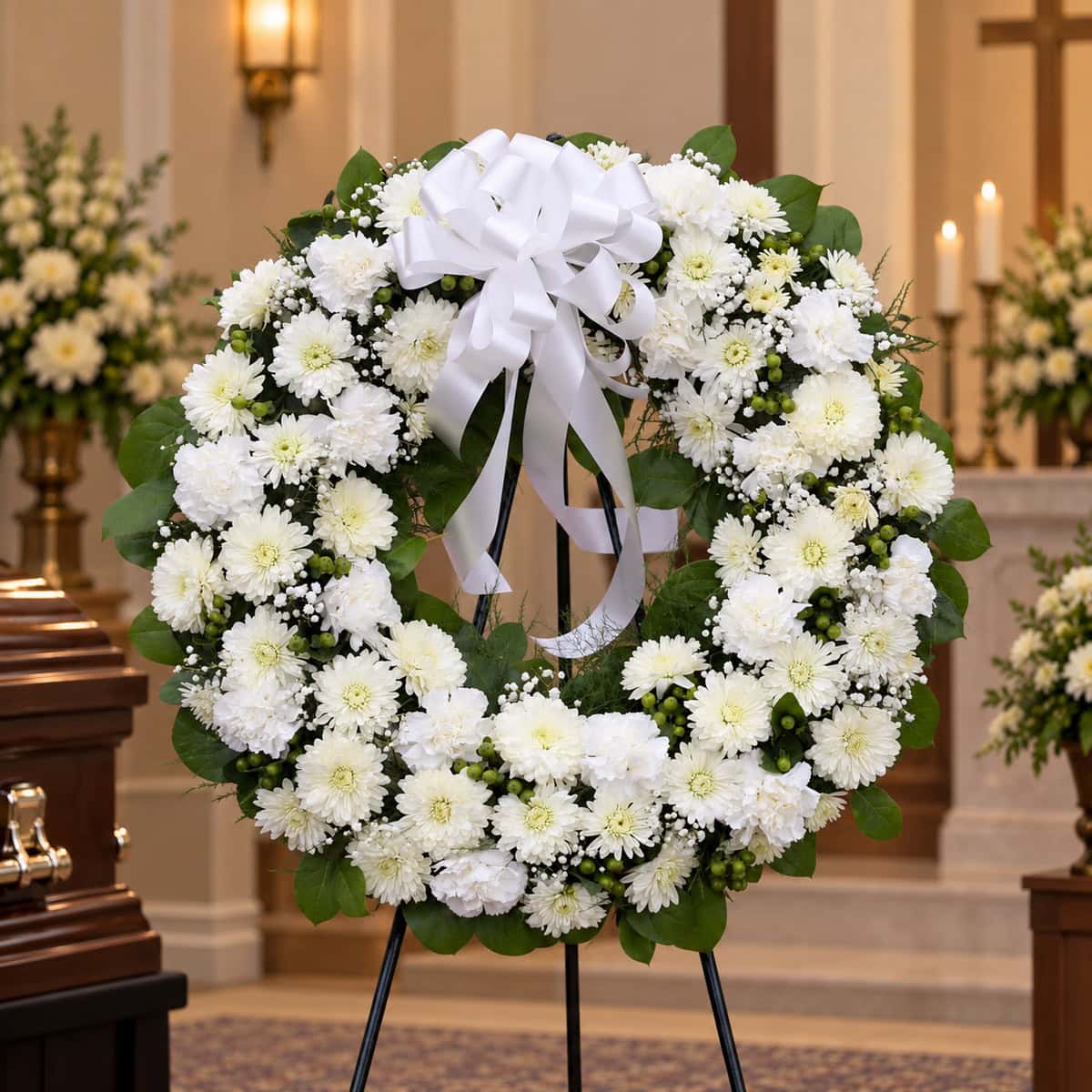 Deluxe 25-inch all-white Traditional Funeral Wreath with white carnations, chrysanthemums, baby's breath, greenery and white ribbon beside a casket.