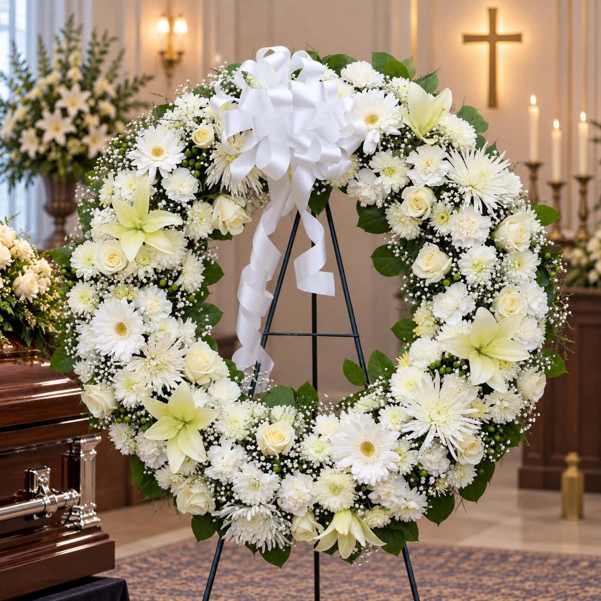 Exquisite 30-inch all-white funeral wreath with white lilies, roses, gerbera daisies, carnations, chrysanthemums and large white ribbon bow.
