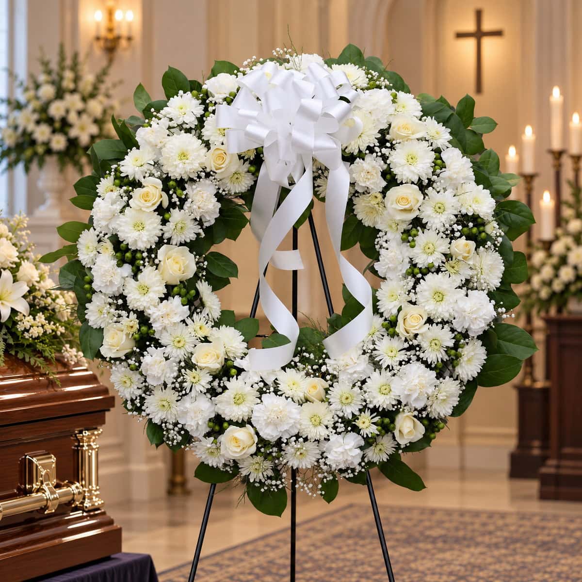 Premium 28-inch Traditional Funeral Wreath with white roses, white carnations, chrysanthemums, baby's breath and large white ribbon bow.