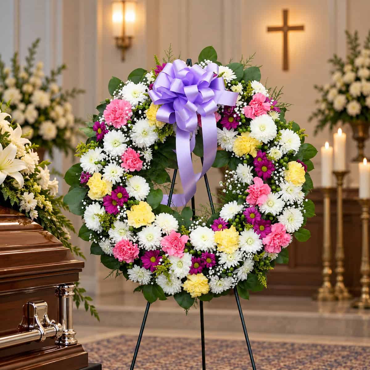 Deluxe 25-inch traditional funeral wreath with pink and yellow carnations, purple and white chrysanthemums, greenery and lavender ribbon beside a casket.