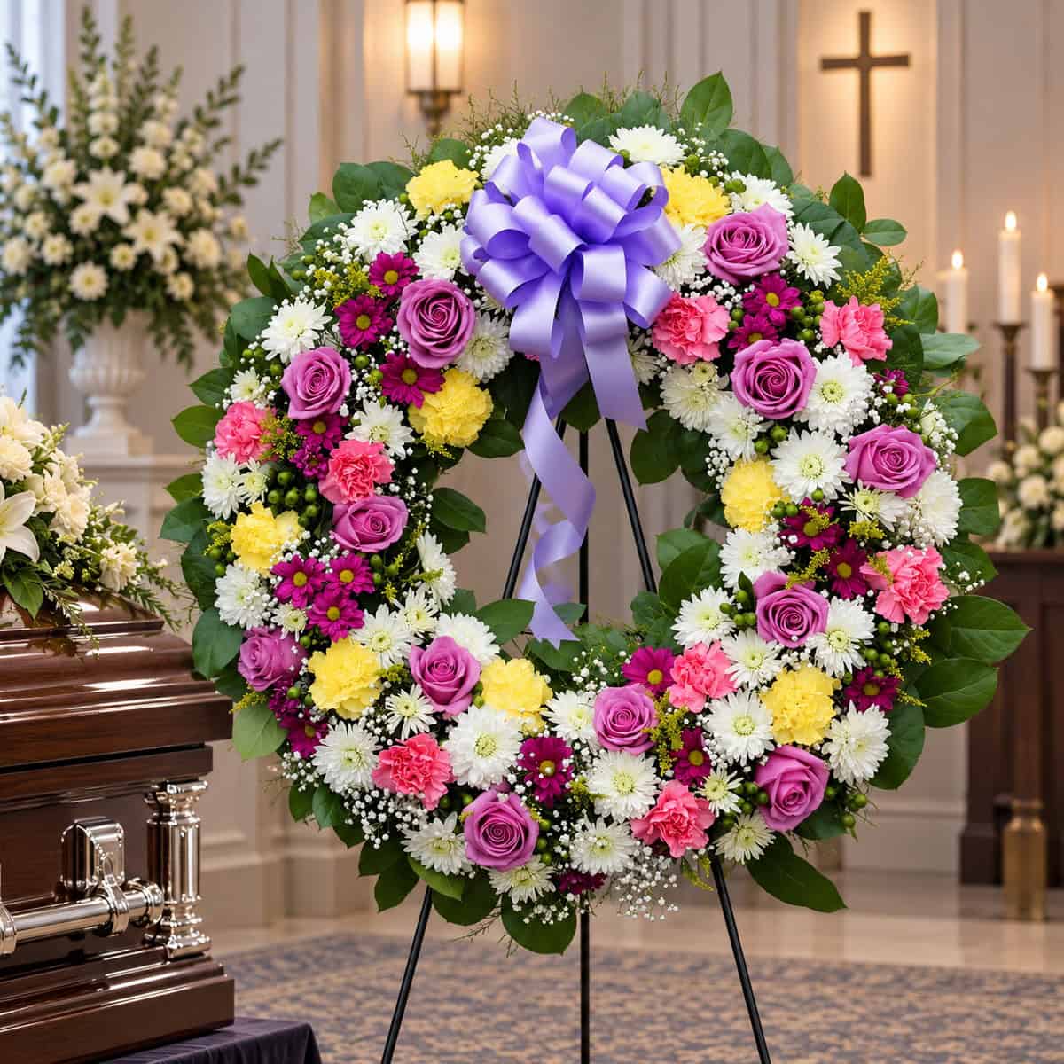 Premium 28-inch funeral wreath with mauve roses, pink and yellow carnations, purple and white chrysanthemums and lavender bow beside a casket.