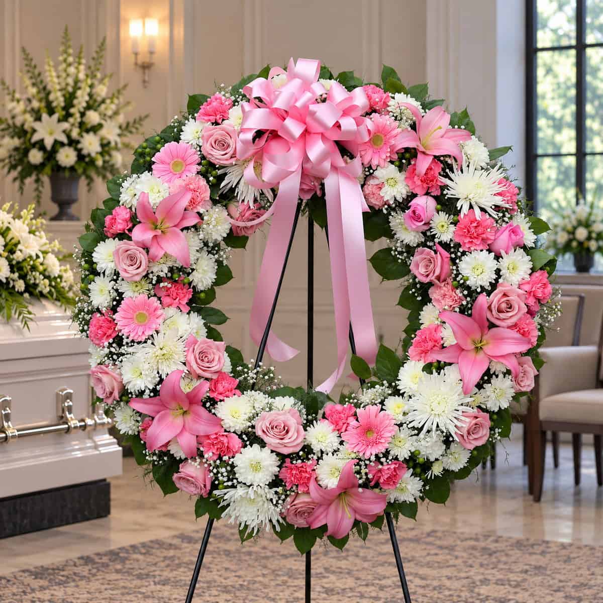 Exquisite 30-inch pink and white funeral wreath with pink lilies, roses, gerbera daisies, carnations, white chrysanthemums and pink bow.