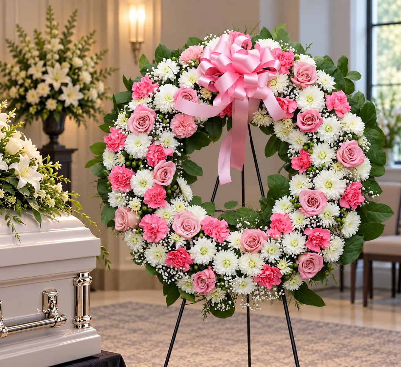 Premium 28-inch traditional funeral wreath with pink roses, pink carnations, white chrysanthemums and pink ribbon beside a white casket.