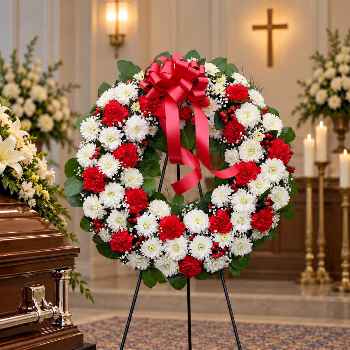 Deluxe 25-inch red and white funeral wreath with red carnations, white chrysanthemums, red berries, greenery and a large red bow beside a casket.
