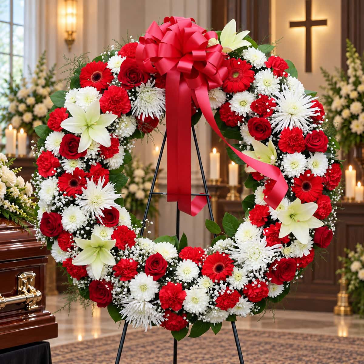Exquisite 30-inch red and white funeral wreath with white lilies, red roses, red gerbera daisies, carnations, white chrysanthemums and red bow.